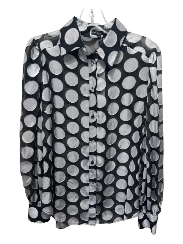Abbey Glass Size Medium Black & Gray Rayon Blend Long Sleeve Polka Dot Top Polished Women's Silk