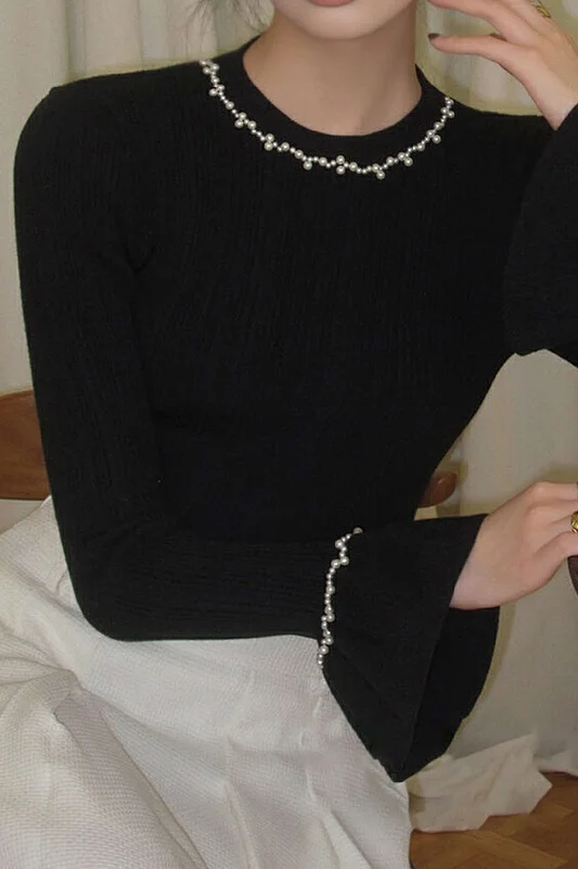 Beaded Round Neck Long-Sleeve Top Contemporary 