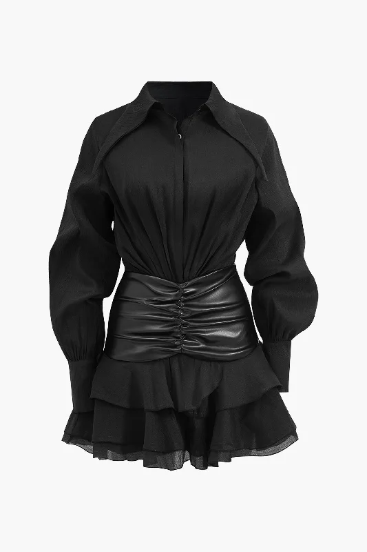 Chiffon Faux Leather Patchwork Ruffle Long Sleeve Mini Dress Cool Women's Skate