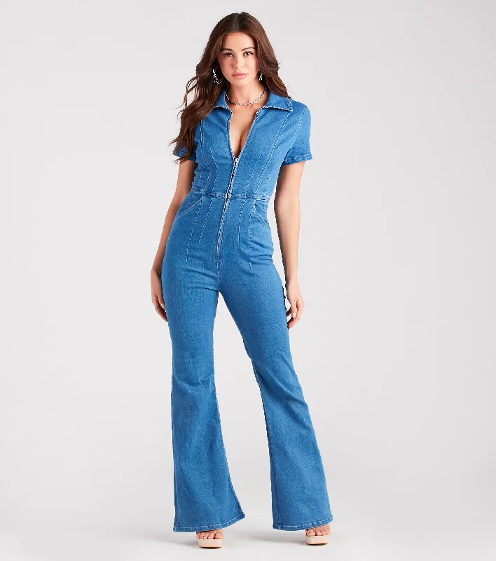 Style Goals Flared-Leg Denim Jumpsuit Casual Women's Japanese 