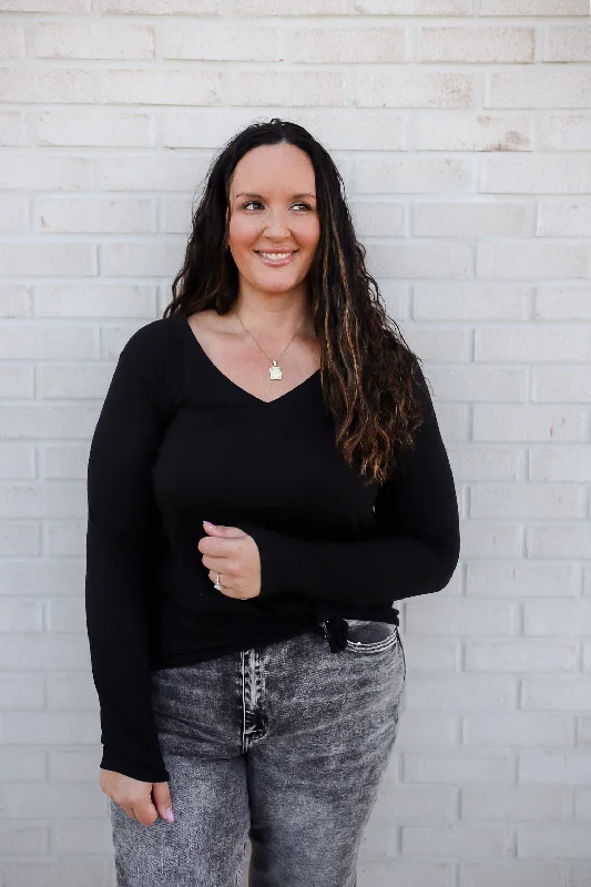 Relaxed Fit Long Sleeve V-Neck Top in Black Tough Women's Military - inspired
