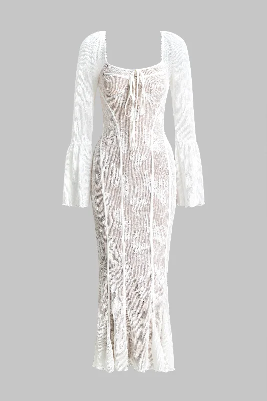 Lace Tie Front Zipper Backless Bustier Bell Sleeve Maxi Dress Casual Women's Japanese 