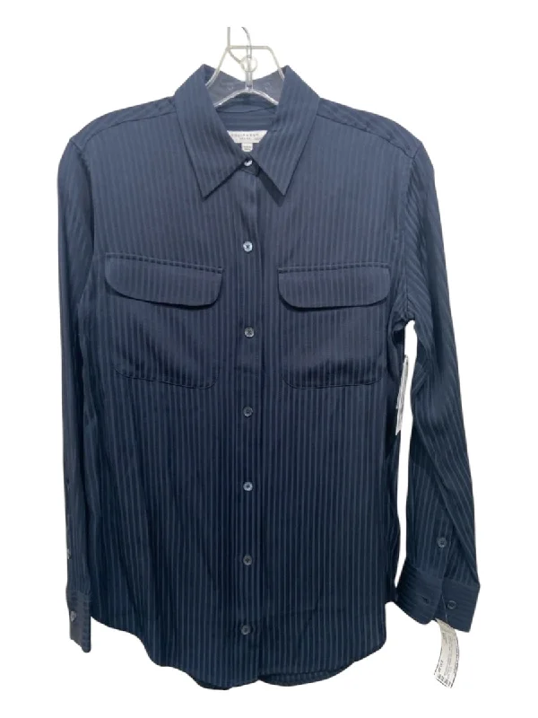 Equipment Size XXS Black & Blue Viscose Vertical Pinstripe Button Up Collar Top Sophisticated Women's 