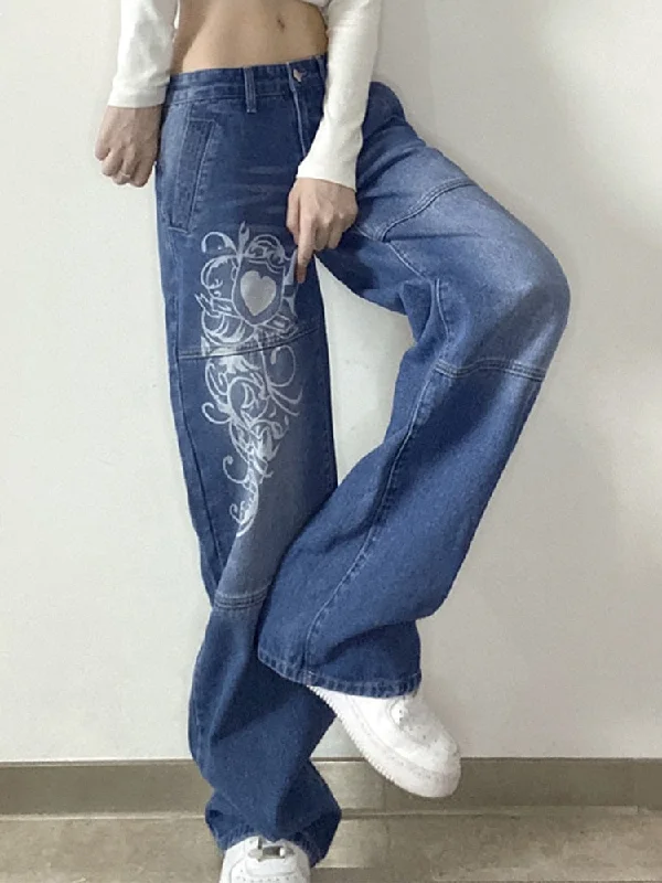 KittenAlarm - New Printed Baggy Y2K Jeans Women's Low Waist jeans Autumn Winter Oversize Wide Leg Baggy Pants Casual Cargo Trousers French