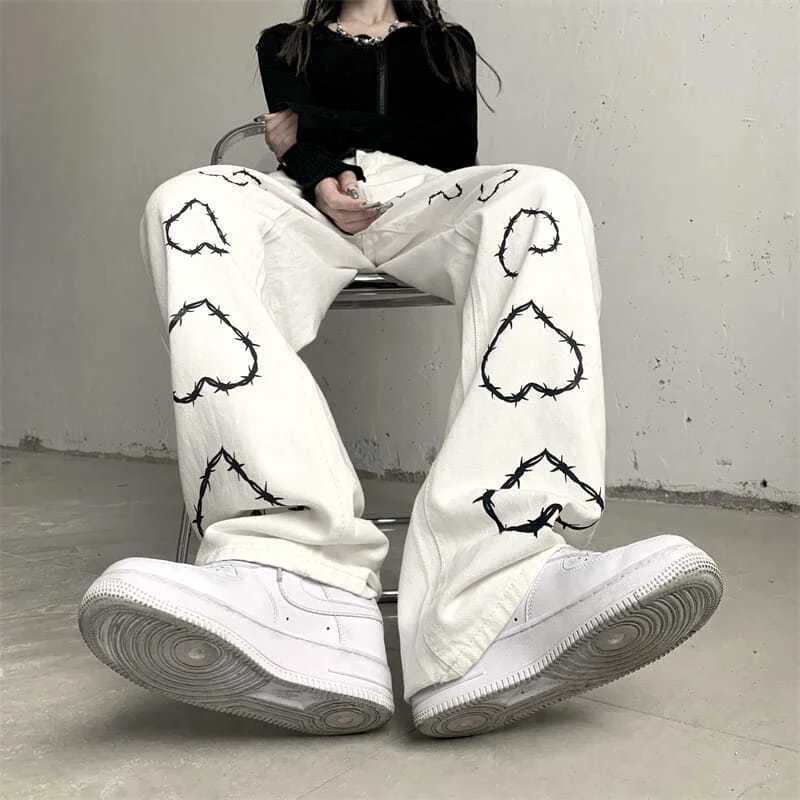 KittenAlarm - Big Love Pattern Casual Wide Leg Pants Women