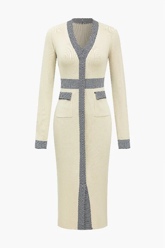 Illusion Pattern Print Pocket Long-Sleeve Sweater Dress Sophisticated Women's Tailored
