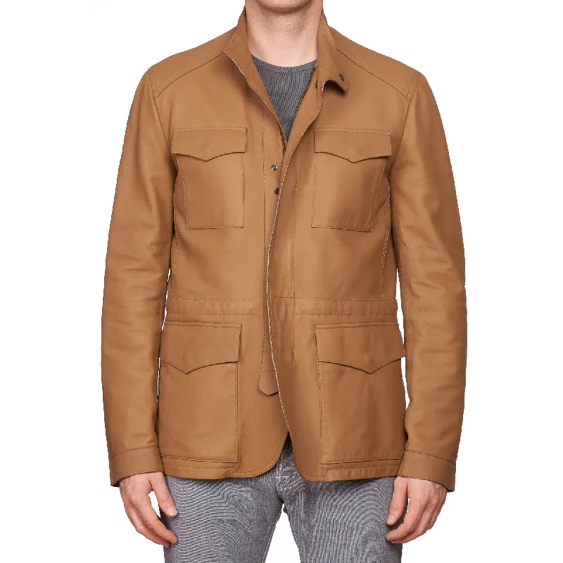 LORO PIANA Tan Lambskin Leather Cashmere-Silk Lined Field Jacket Size M Sleek Women's Metallic