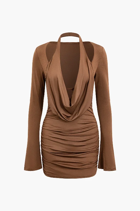 Ruched Cowl Neck Bell Sleeve Mini Dress Earthy Women's 
