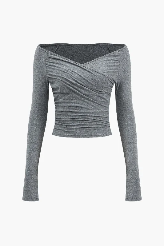 Ruched Off Shoulder Crossed Long-Sleeve Top European