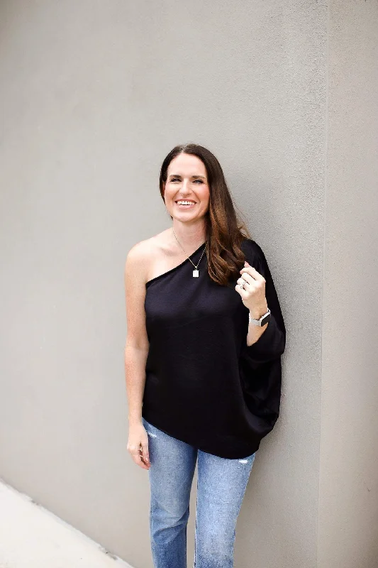 Late Night One Shoulder Blouse - Black Preppy Women's College