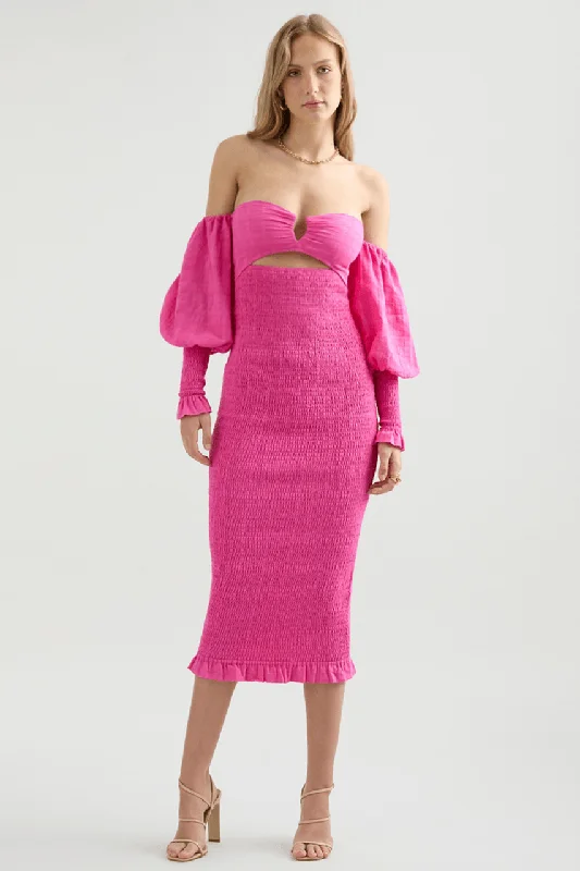 Lucia Shirred Midi Dress - Pink Dynamic Women's High - energy