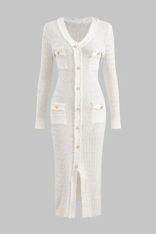 Knit Button V-Neck Long Sleeve Dress Hip Women's Retro
