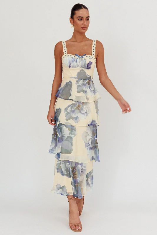 Provence Bloom Tiered Ruffle Maxi Dress Beige/Blue Polished Women's Silk