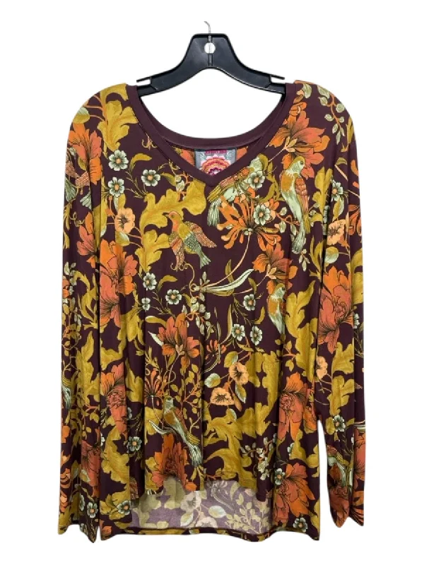 Johnny Was Size XL Brown, Green, Orange Rayon Blend Long Sleeve Floral Top Dynamic Women's High - energy