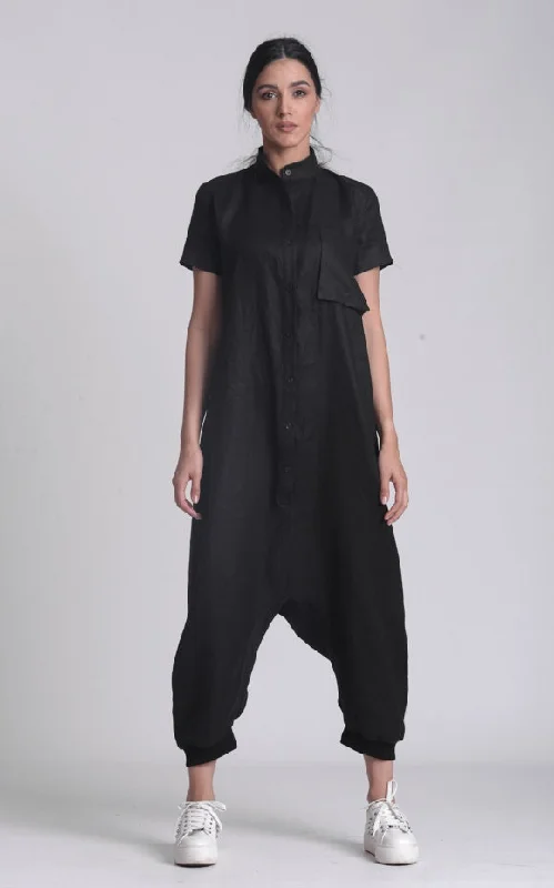 Buttoned Drop-Crotch Linen Jumpsuit In Black Geometric