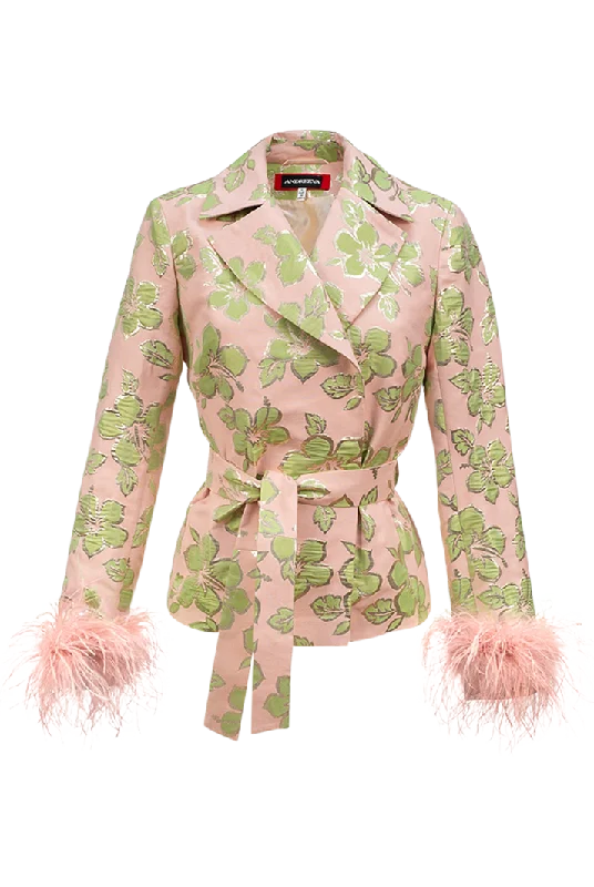 Pink Jacquard Jacket With Detachable Feather Cuffs Stylish Women's Neon