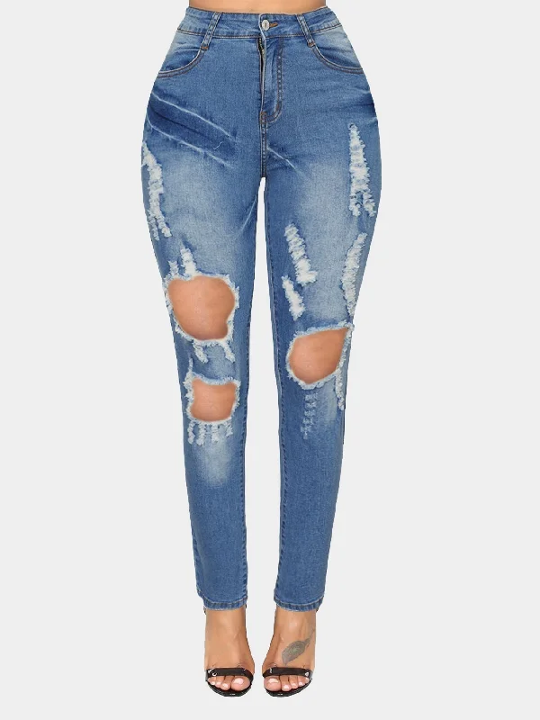 KittenAlarm - Dark Denim Distressed Skinny Jeans Practical Women's Multi - 