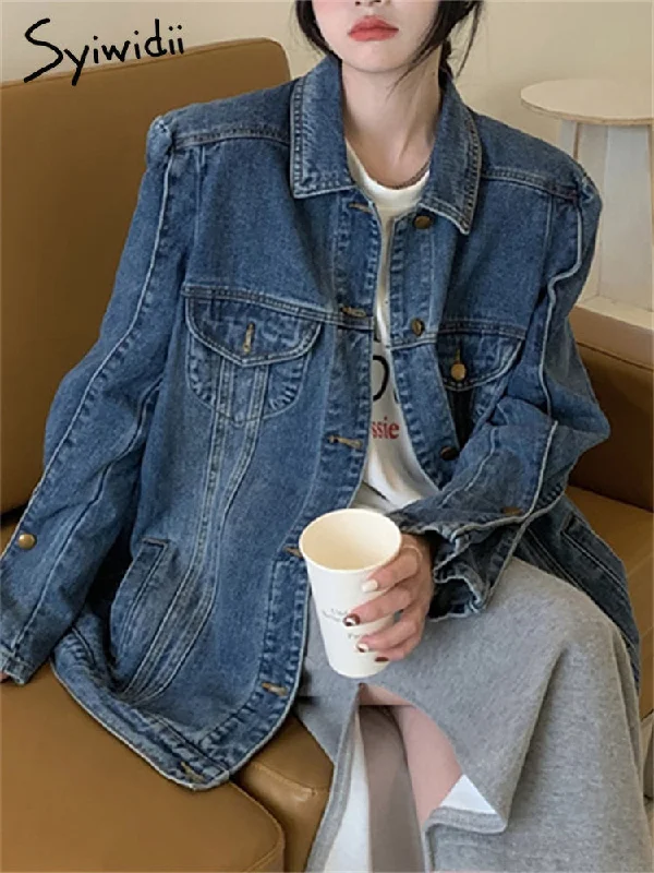 KittenAlarm - Vintage Jeans Jacket for Women 2024 New Korean Fashion Long Sleeve Turn Down Collar Coats Chic Casual Oversized Jackets Classic Women's Tweed