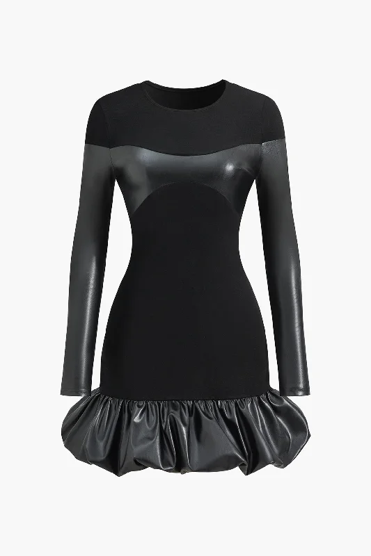 Faux Leather Round Neck Patchwork Mini Dress Earthy Women's 