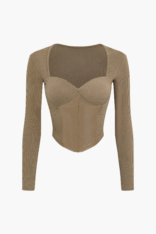 Sheer Mesh Patchwork Long Sleeve Bustier Corset Top Athletic Women's High - 