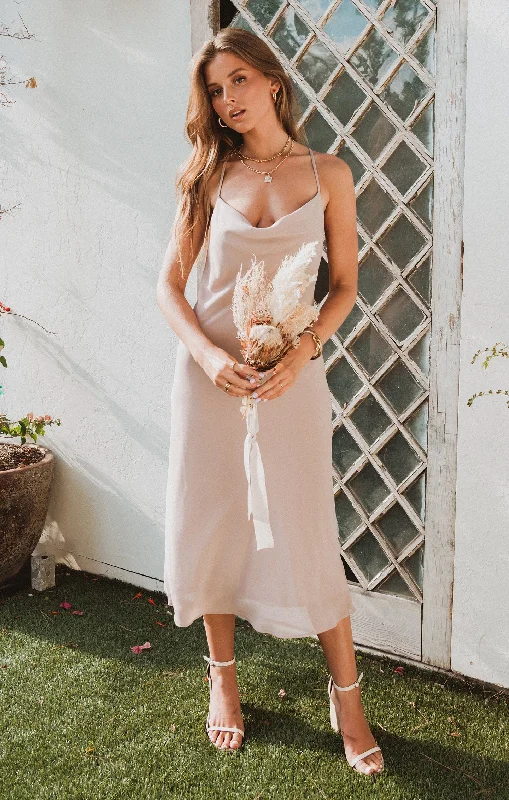 Verona Cowl Dress ~ Soft Beige Chiffon Relaxed Women's 
