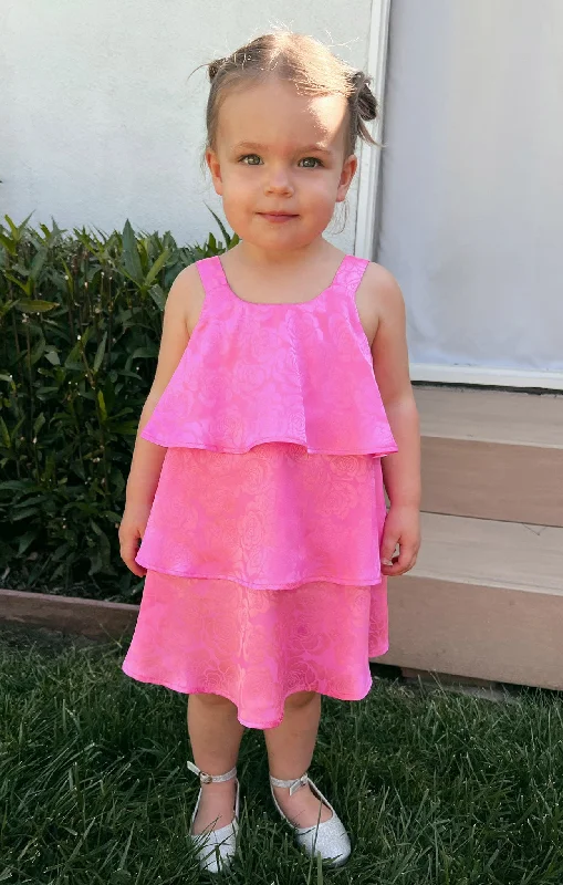 Reagan Ruffle Dress ~ Bright Pink Rose Satin Bold Women's Statement