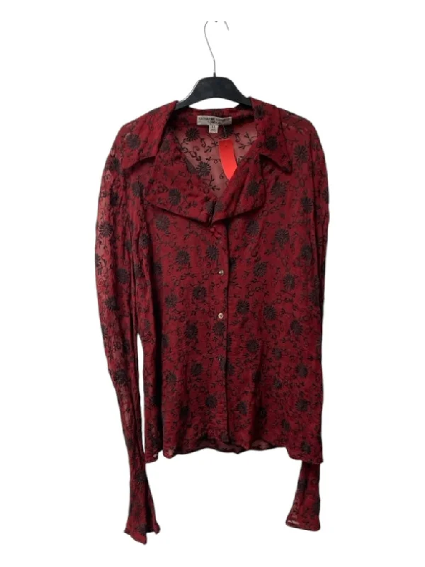 Katharine Hamnett Size 46 Cranberry & Black No Fabric Tag Long Sleeve Floral Top Relaxed Women's 
