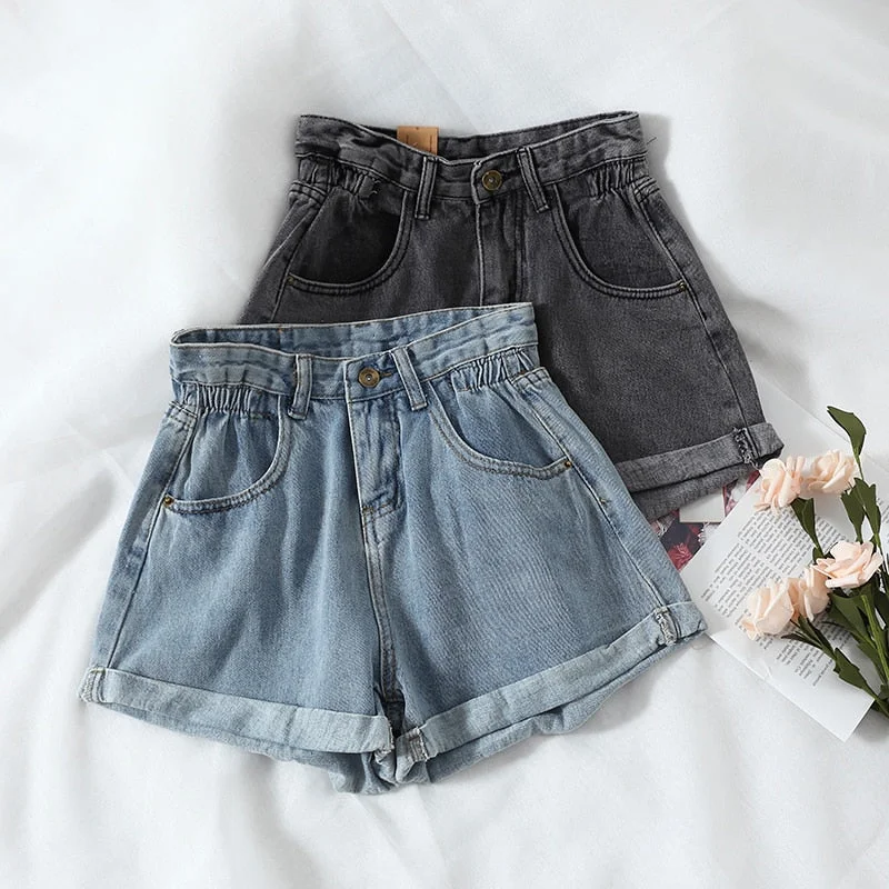 KittenAlarm - New Summer High Waist Denim Shorts Women Casual Loose Ladies Fashion Plus Size Elastic Waist Wide Leg Short Jeans Female Refined Women's 