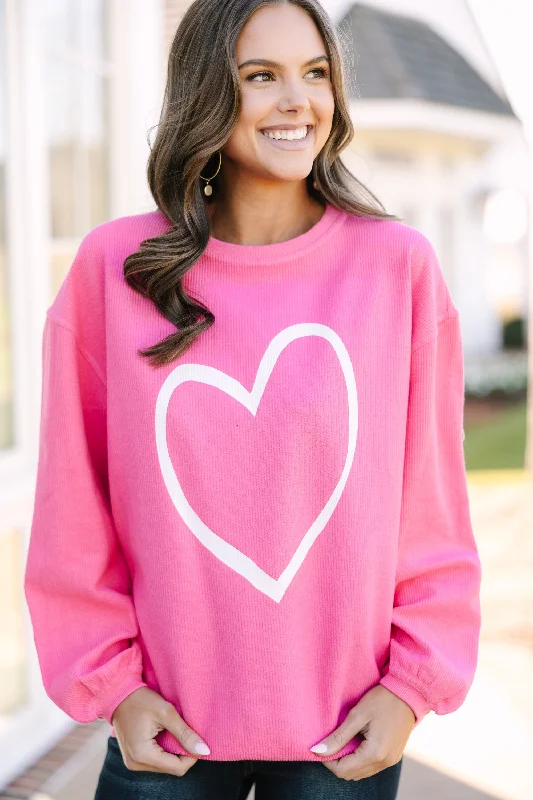 All The Love To Give Fuchsia Pink Graphic Corded Sweatshirt Casual Women's Loose - fitting