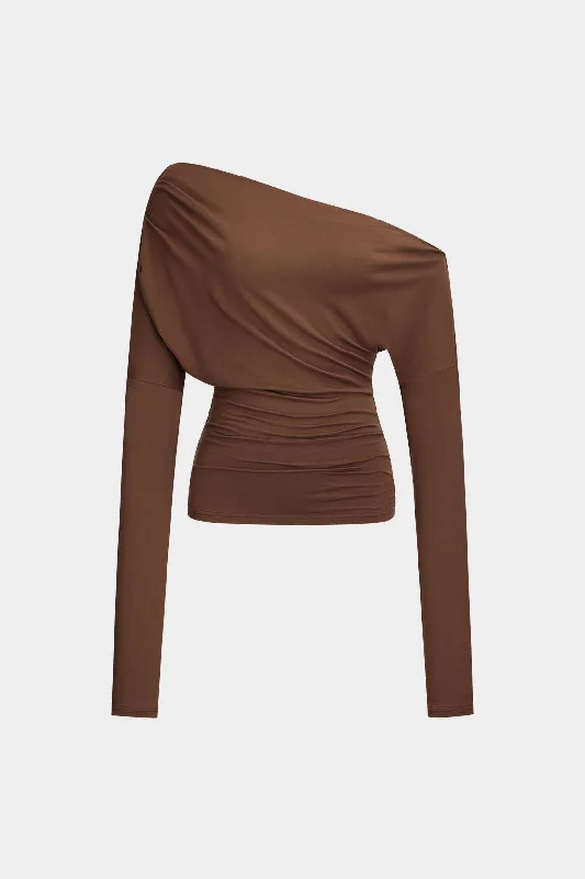 Asymmetry Shoulder Ruched Long-Sleeve Top Sleek Women's 