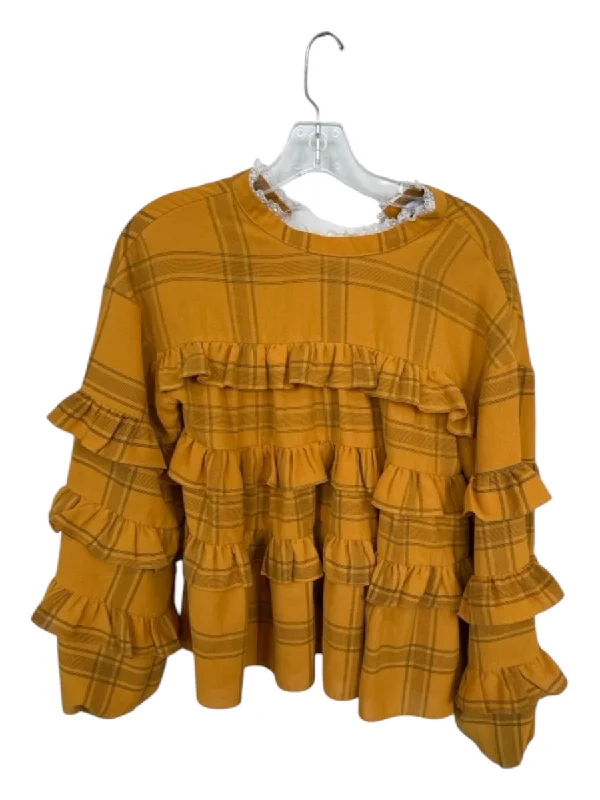 English Factory Size XS Mustard Polyester Long Sleeve Ruffles Plaid Top French