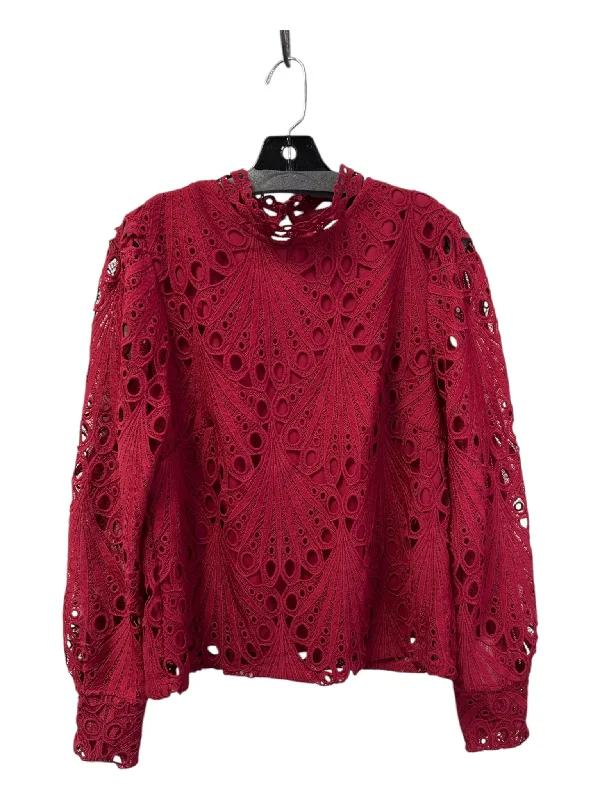 Ultra Pink Size L Red Polyester Lace Overlay Keyhole Back Mock Neck Top Elegant Women's 