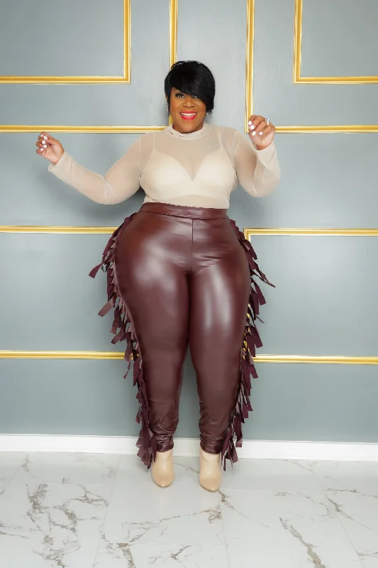 Burgundy Fringe Faux Leather Leggings Geometric