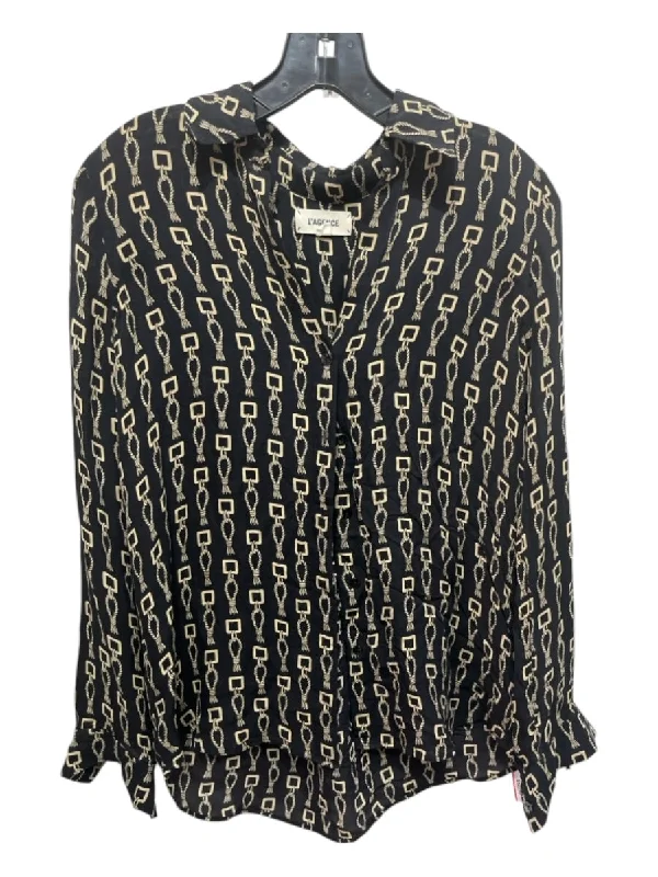 L'agence Size XS Black & Beige Silk Abstract Print Button Up Long Sleeve Top Sustainable Organic