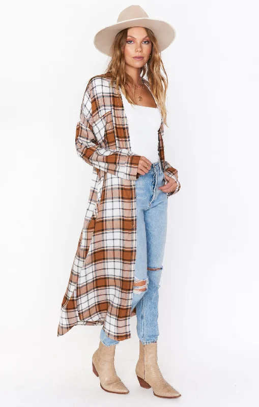 Leo Button Down Tunic ~ Tan Plaid Traditional Women's Wool