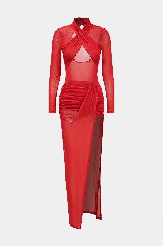 Mesh Sheer Crossed Long Sleeve Midi Dress Traditional Women's 