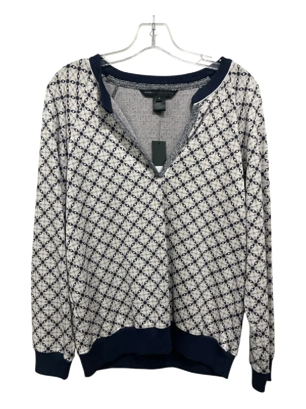 Marc By Marc Jacobs Size L Gray & navy blue Viscose Split V Neck Geometric Top Refined Women's Classic 