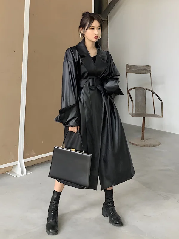 Belted Faux Leather Coat European