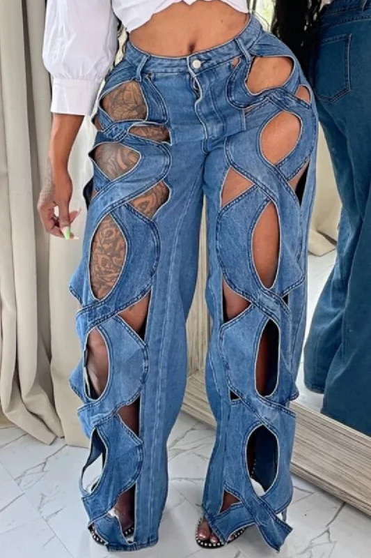 KittenAlarm - Casual Solid Hollowed Out Patchwork High Waist Regular Denim Jeans Classic Women's Pin - striped KittenAlarm - Casual Solid Hollowed Out Patchwork High Waist Regular Denim Jeans Classic Women's Pin - striped