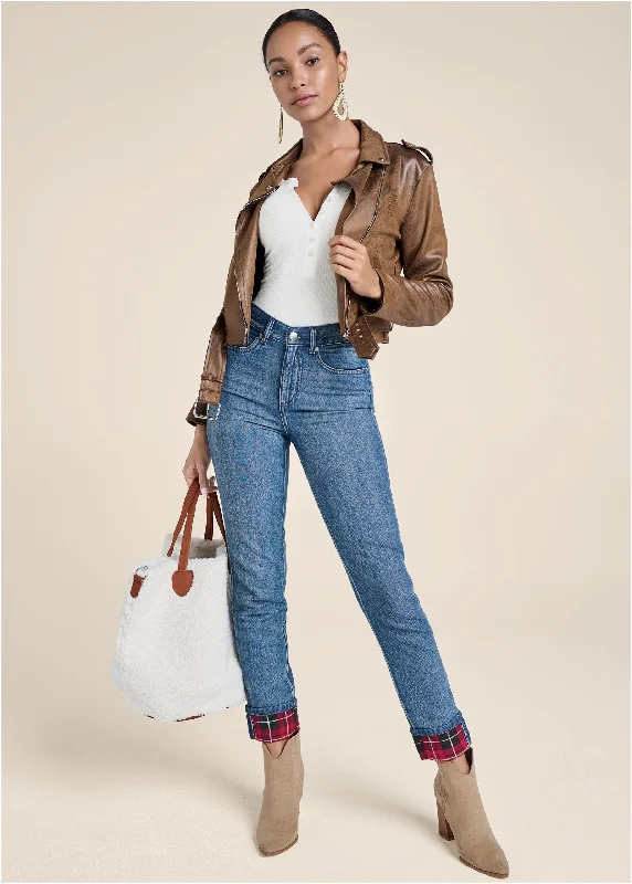 Plaid Cuff Straight Jeans - Denim Multi Adventure