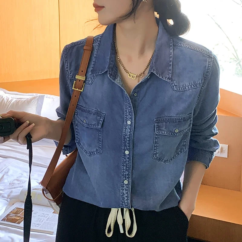 KittenAlarm - Jeans Shirt for Women Spring 2024 New Long Sleeve Turn Down Collar Oversized Blouses Korean Vintage Casual Long Top Modern Women's KittenAlarm - Jeans Shirt for Women Spring 2024 New Long Sleeve Turn Down Collar Oversized Blouses Korean Vintage Casual Long Top Modern Women's