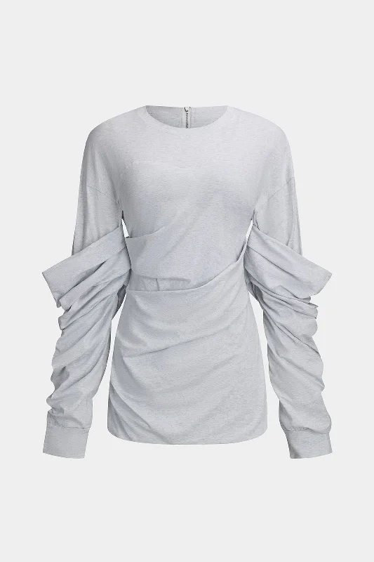 Ruched Patchwork Zipper Long-Sleeve Top Vintage Women's 1970S 