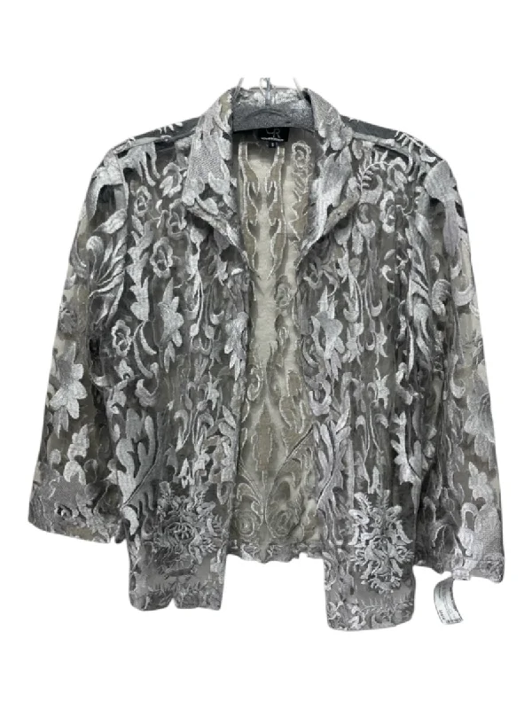 Connie Roberson Size S Gray Silk Floral Embroidered Open Front Semi Sheer Top garde