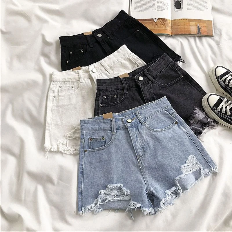 KittenAlarm - Casual High Waist Denim Shorts Women Summer  Pocket Tassel Hole Ripped jeans Short Female Femme Short Pants Women Dynamic Women's High - energy