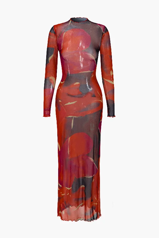 Mesh Long Sleeve Scallop Edge Maxi Dress Unique Women's Upcycled