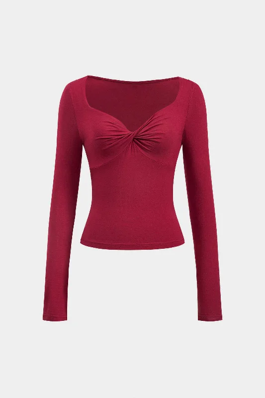 Ruched Twist Knot V-Neck Long-Sleeve Top Cashmere
