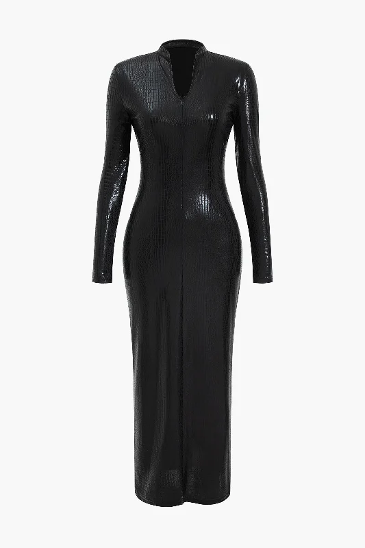 Crocodile Faux Leather Zipper V-Neck Maxi Dress French