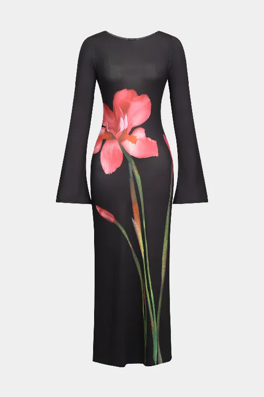 Floral Print Backless Knotted Bell Sleeve Maxi Dress Gym