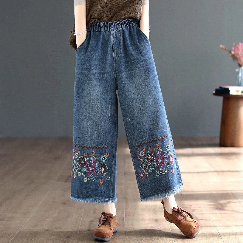 Women Autumn Retro Embroidery Wide Leg Jeans Vintage Women's 1970S 