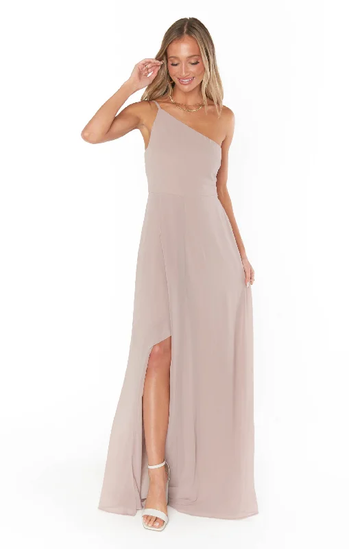 Shannon One Shoulder Dress ~ Soft Beige Chiffon Refined Women's Classic 